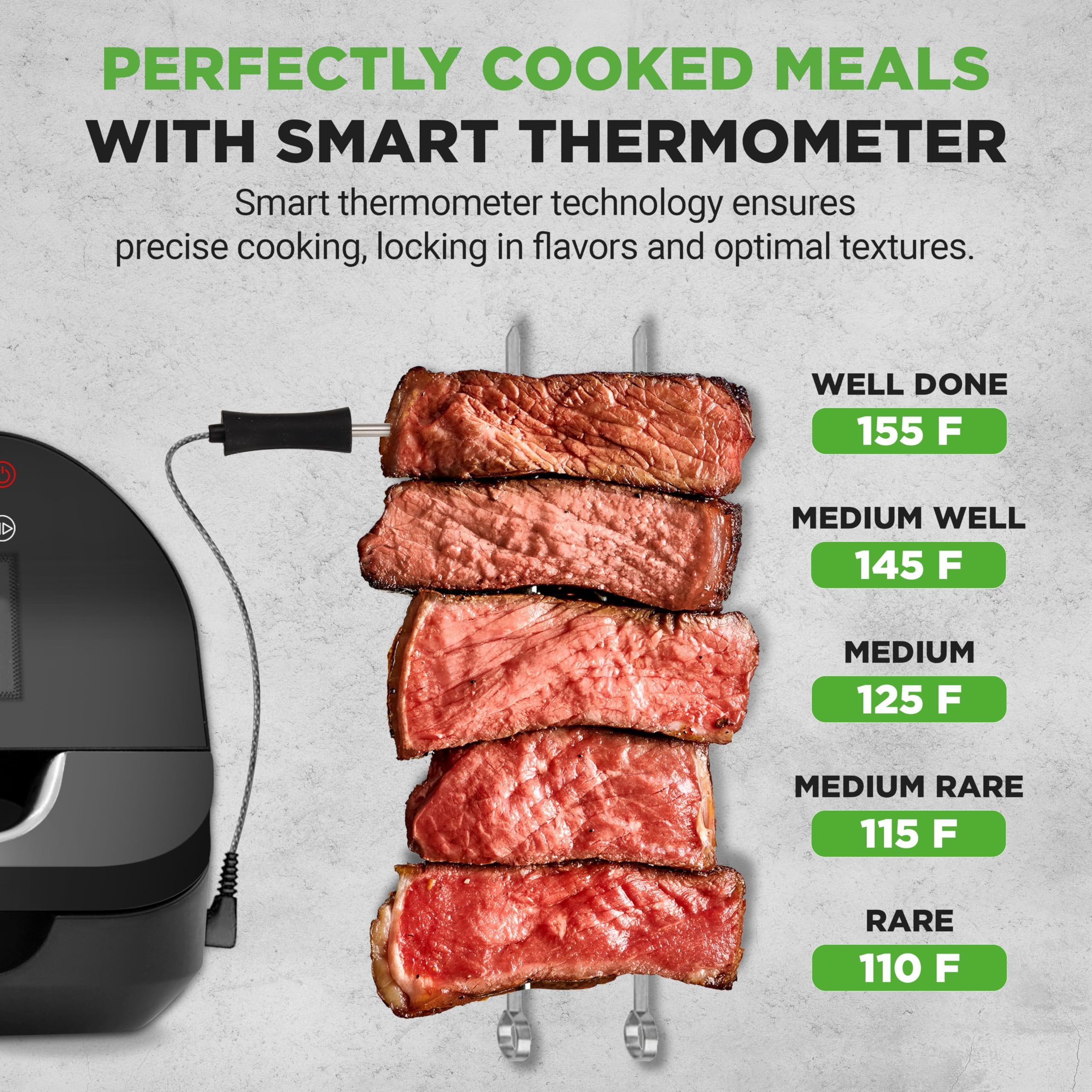 NutriChef Indoor Smokeless Grill Smart Grill & Air Fryer with 7 Cooking Functions 6L Capacity Includes Smart Thermometer Precise Temperature Control Non-Stick Removable Grill Plates