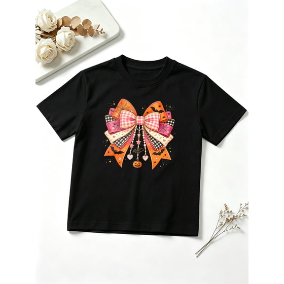 Girls Graphic Tees Giant Plaid and Orange Bows Halloween Elements Short Sleeve Kids T-Shirt, 100% Cotton Soft Casual Tops for Children