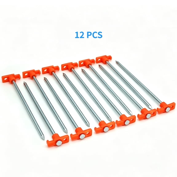 YMWVH 10 inch Heavy Duty Galvanized Steel Tent Stakes 12 Pack, Orange Visible Head Pegs for Hard Ground, Anti-Bend Camping Nails for Hiking Backpacking Outdoor Shelter