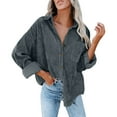 thumbnail image 2 of Gray Womens Tops Womens Corduroy Button Down Shirt Oversized Blouses Tops Long Sleeve Casual Warm Jacket with Pockets Shirts for Women, 2 of 5