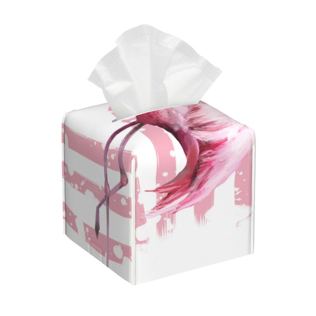 Lsque Flamingo Printed Tissue Box Cover Holder, Facial Paper Organizer Dispenser,Square with Bottom Belt, PVC Leather Decorative Organizer