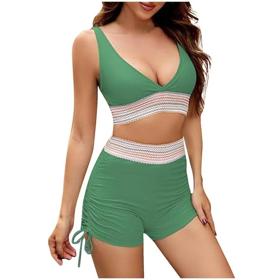 Lopeceal High Waisted Bikini Sets for Women Tummy Control Swimsuits Color Block Drawstring Womens Two Piece Bathing Suits