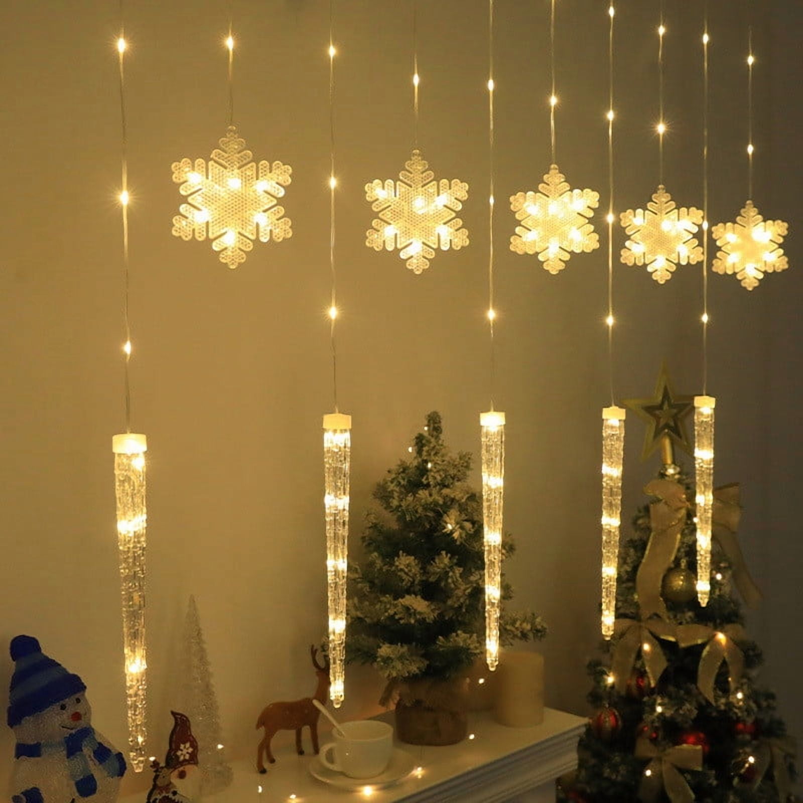 REZUOFI 1 Pcs Christmas Curtain Lights Outdoor Waterproof LED Icicle Snowflake String with Remote Control, 8 Modes, Warm White & Multicolor for Holiday Decor