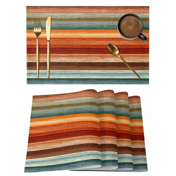 Orange Blue Wooden Placemats Set of 6 Farmhouse Striped Modern Art Place Mats Indoor Wipeable Table Mats Washable Cloth Dining Table Placemats for Kitchen Holiday Party Home Decor 13x19 Inch
