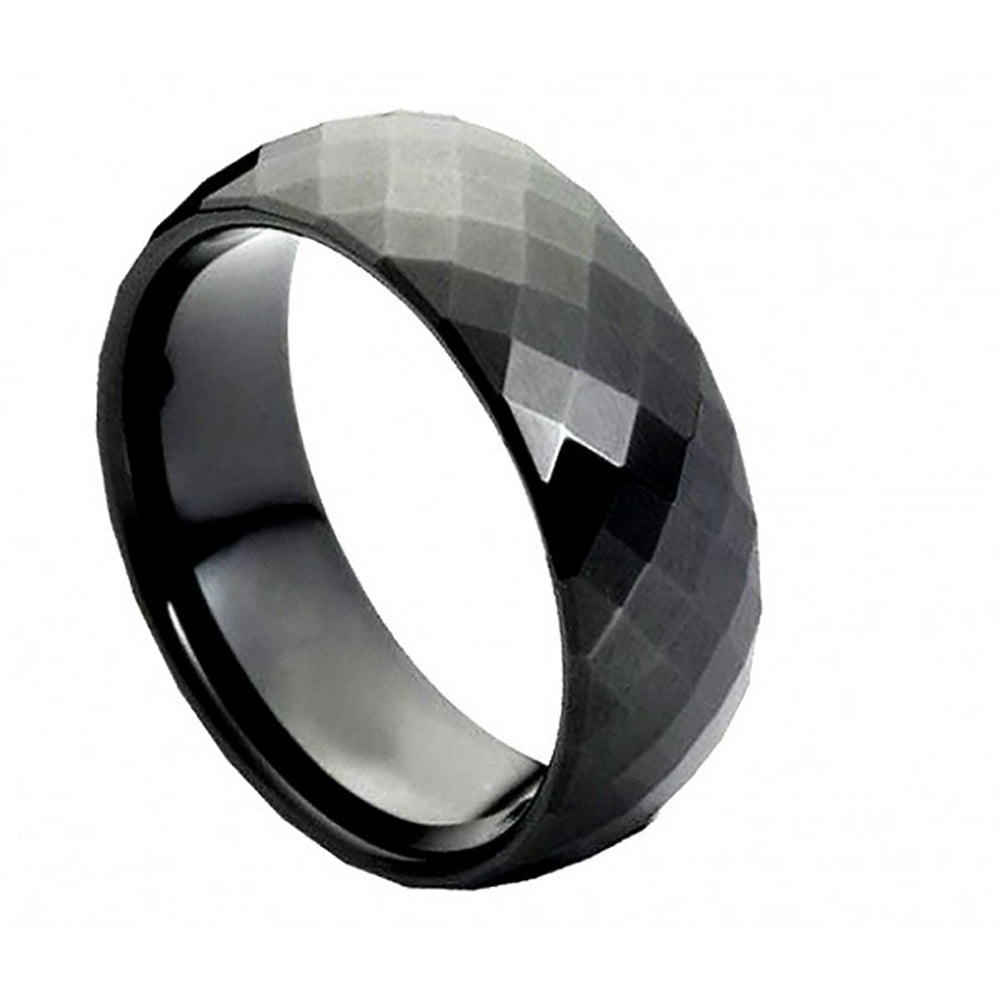 Tungsten Jeweler 8mm Tungsten Domed Black Enameled Faceted Ring Wedding Band Ring For Men Or