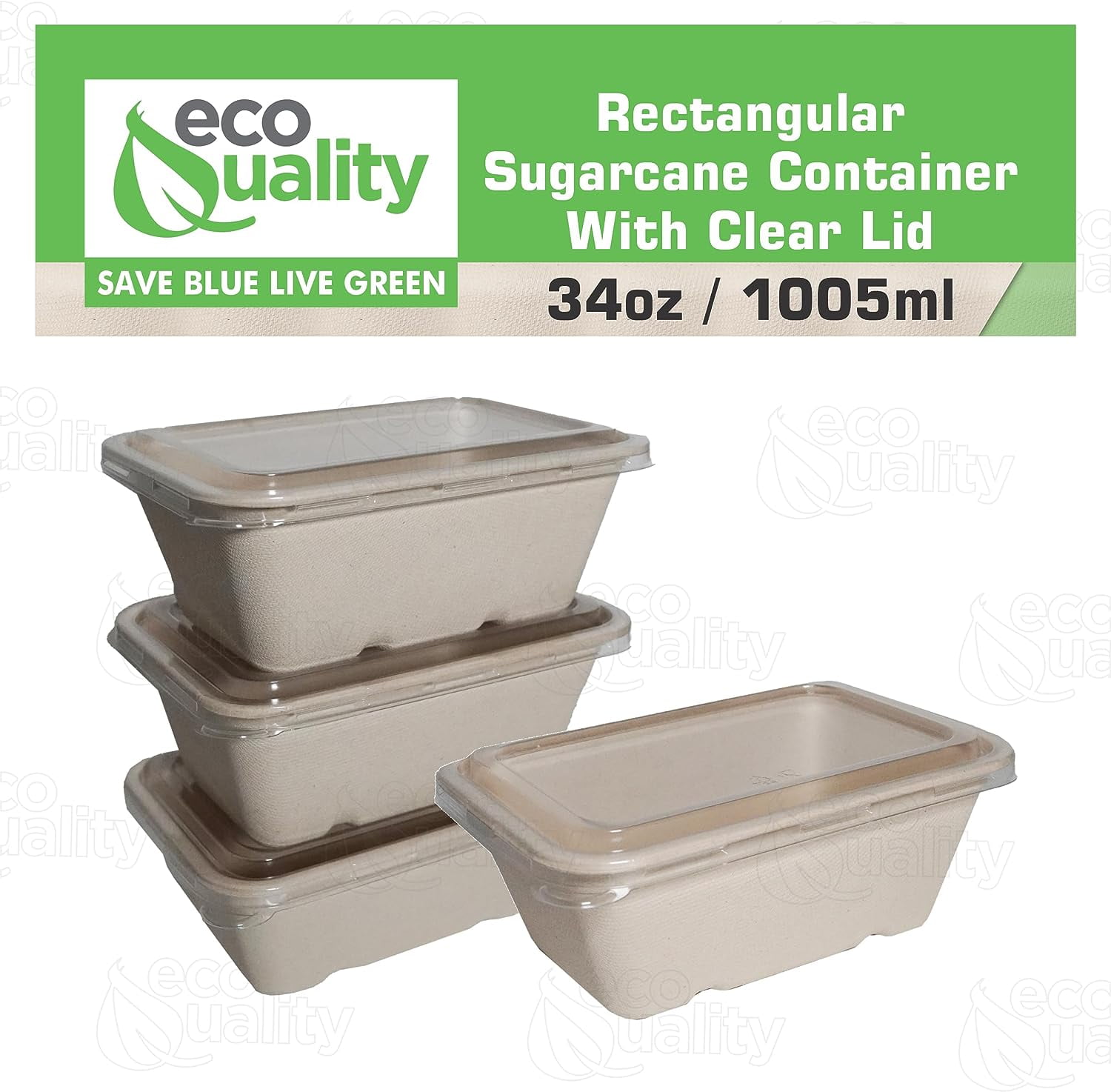 EcoQuality 34oz Disposable Bowls with Clear Lids - Rectangular Compostable Sugarcane Fiber Biodegradable Paper Bowls Eco-Friendly Take Out Food Storage Containers, Microwave Safe, Meal Prep (200 PACK)