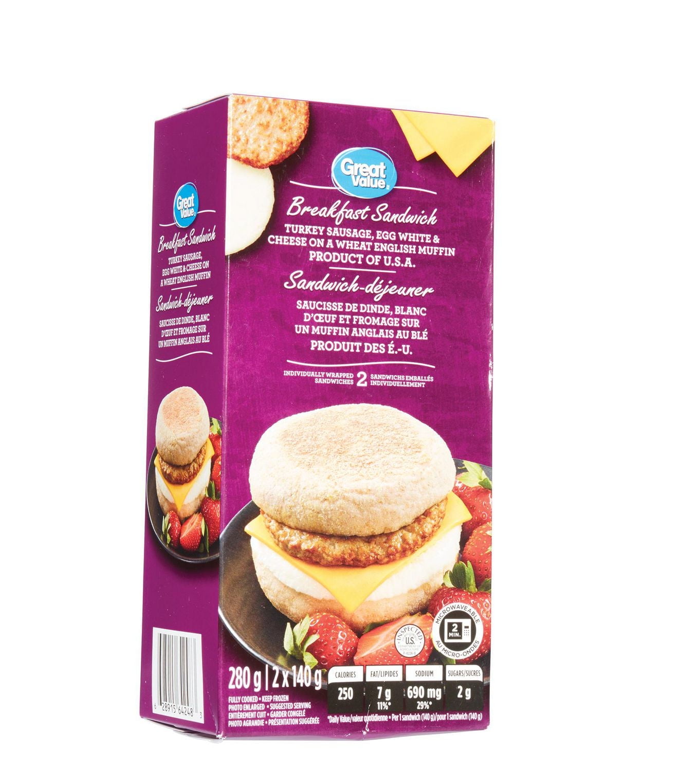 Sandwich-déjeuner Great Value à saucisse de dinde, blanc d'œuf et fromage sur un muffin anglais au blé