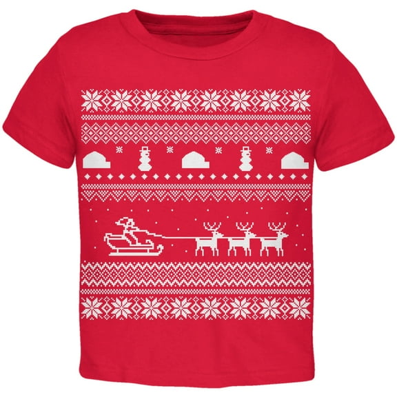 Santa Sleigh Ugly Christmas Sweater Red Toddler T-Shirt - 3T
