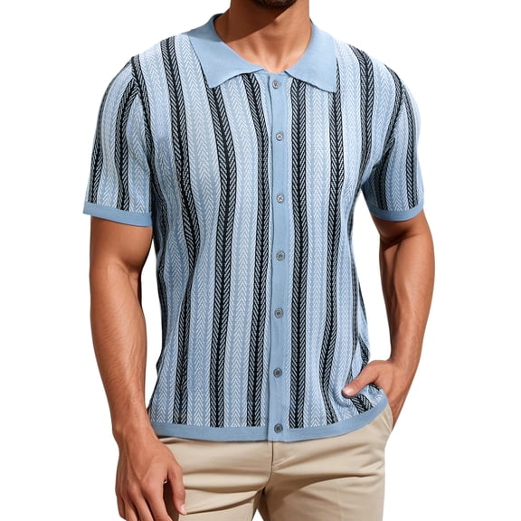 DARING DIVA Men's Striped Short Sleeves Button Down Jacquard Polo Shirts M Light Blue