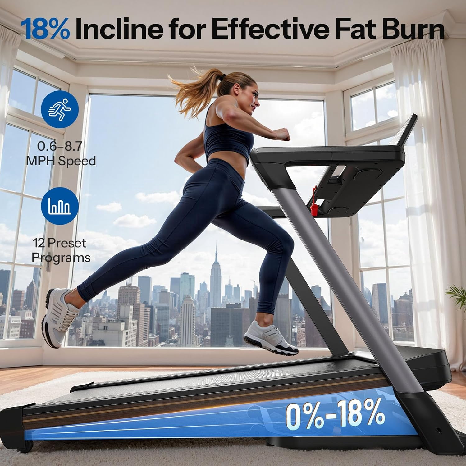 Auto Incline Treadmill, Foldable 18% Incline Heavyduty Treadmills for Home, 3.0HP, 8.7 MPH, 380 lbs Capacity, Wide Belt Indoor Running Machine for Home Gym