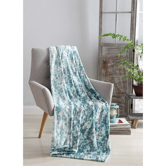 Serafina Home Decorative Hues of Blue Throw Blanket: Soft Plush Velvet Fleece Abstract Rain Accent for Sofa Chair Couch Bed or Dorm, Colored: Teal Blue Aqua Turquoise Grey White NWOP