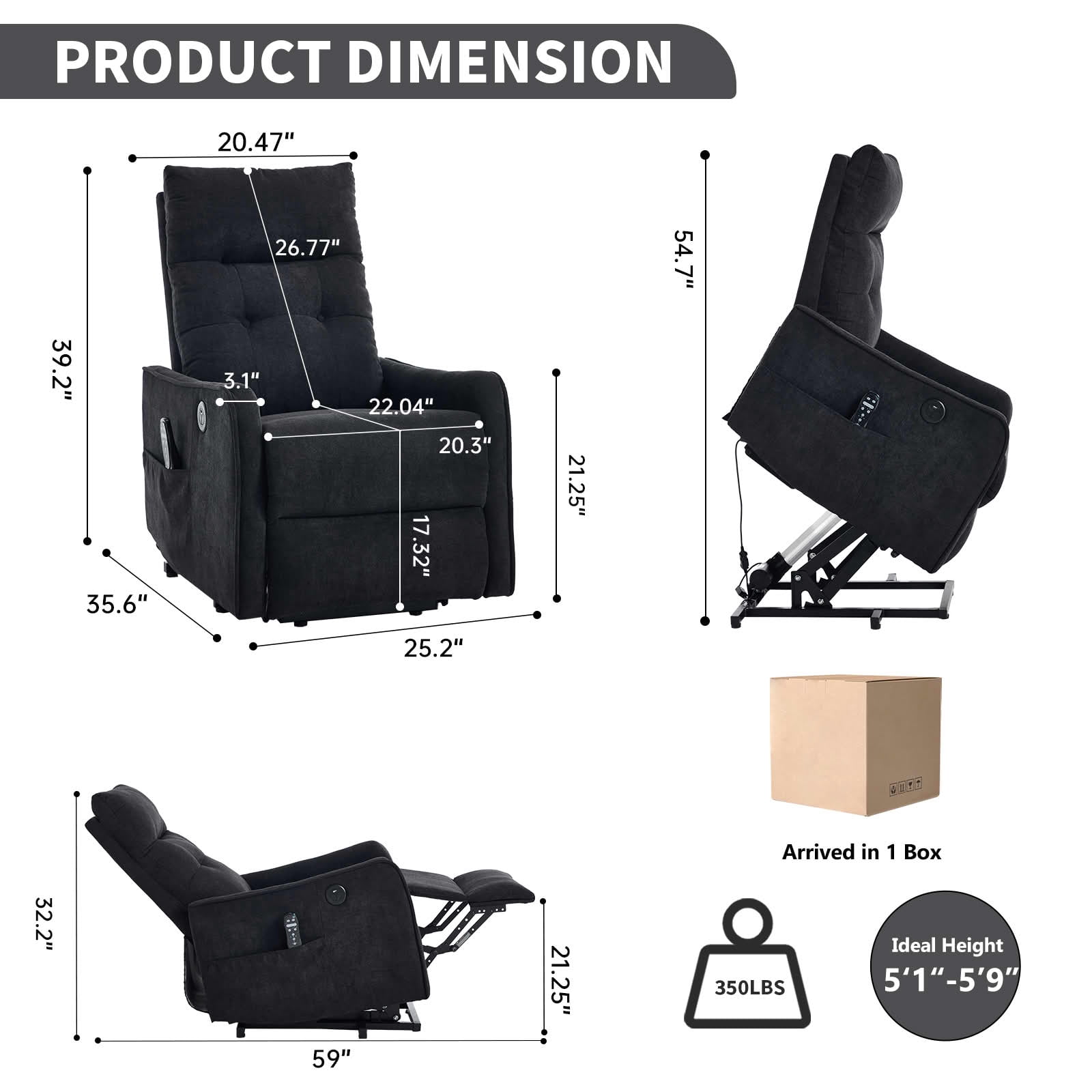 MAYEERTY Black Single Motor Power Lift Recliner, 155° Chenille Massage Heat Chair with USB for Elderly Living Room
