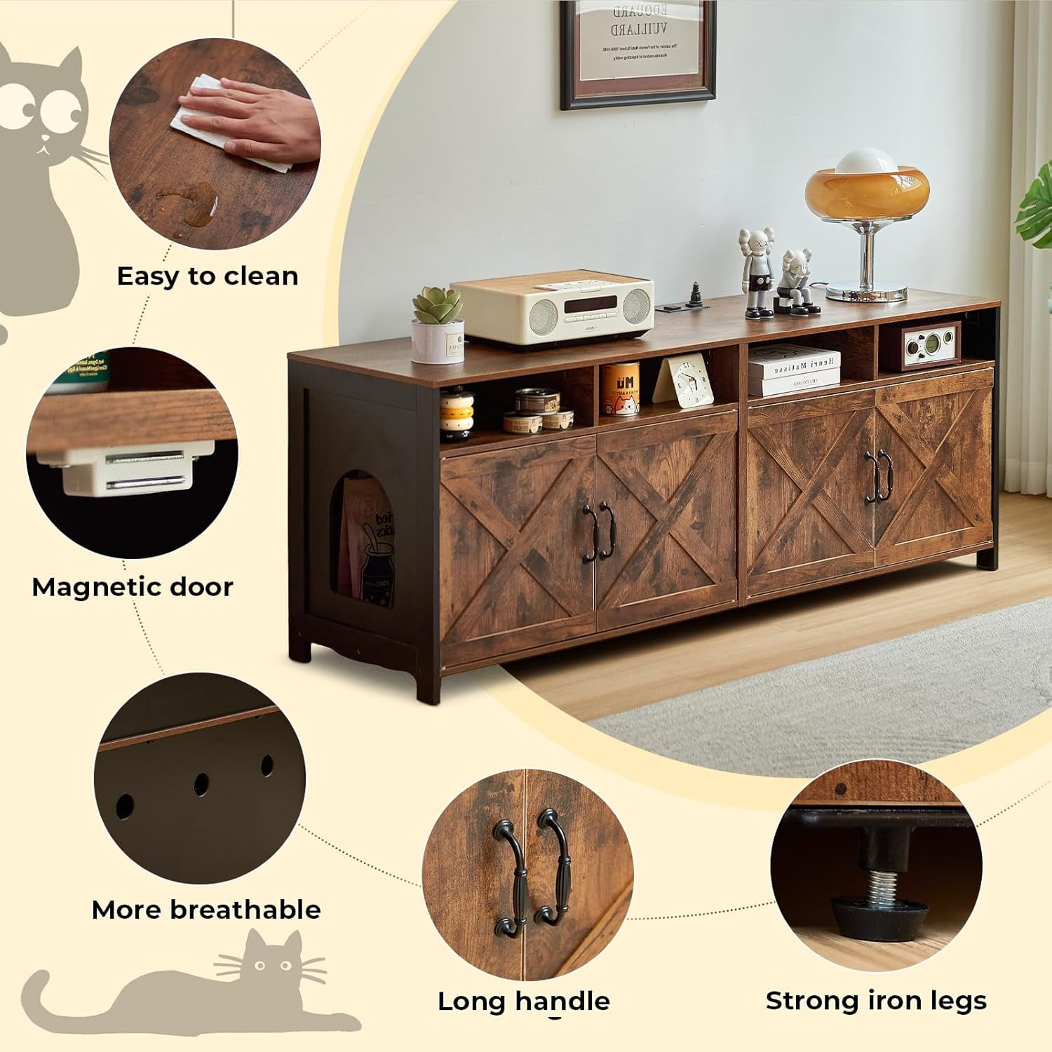 JanflyHome Cat Litter Box Furniture, 63 Inch TV Stand 2 Cats Double Litter box Enclosure Hidden Washroom TV Stand, Vintage Brown