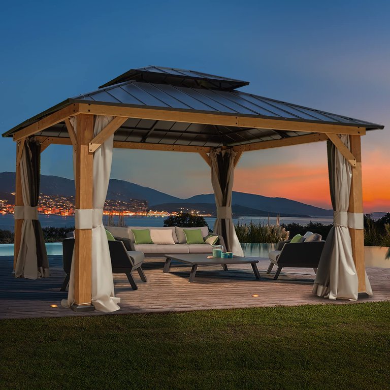 Mellcom 13'x11' Hardtop Cedar Wood Gazebo, Outdoor with Curtains