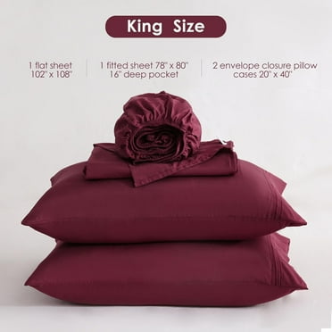 Burgundy King Sheet Set with Side Pocket Corner Straps, 4 Piece Soft Microfiber Bed Sheets Extra Deep Pocket
