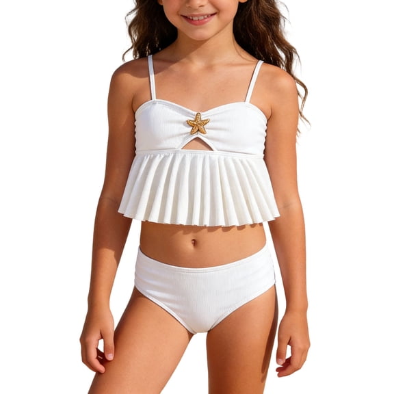 Confree For Girls Summer 2 Piece Swimsuit Solid Color Bathing Suits Holiday Casual Comfortable Little Girls Swimwear Size 9-10 Years White