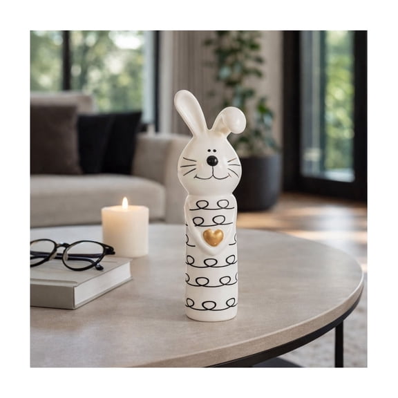 Squiggly Bunny with Heart Figurine for Home Decor - Ceramic Sculpture with Loops Pattern for Bathroom, Office, Living Room and Shelf Display - Ornament Accent for Coffee Table - 7", Black & White