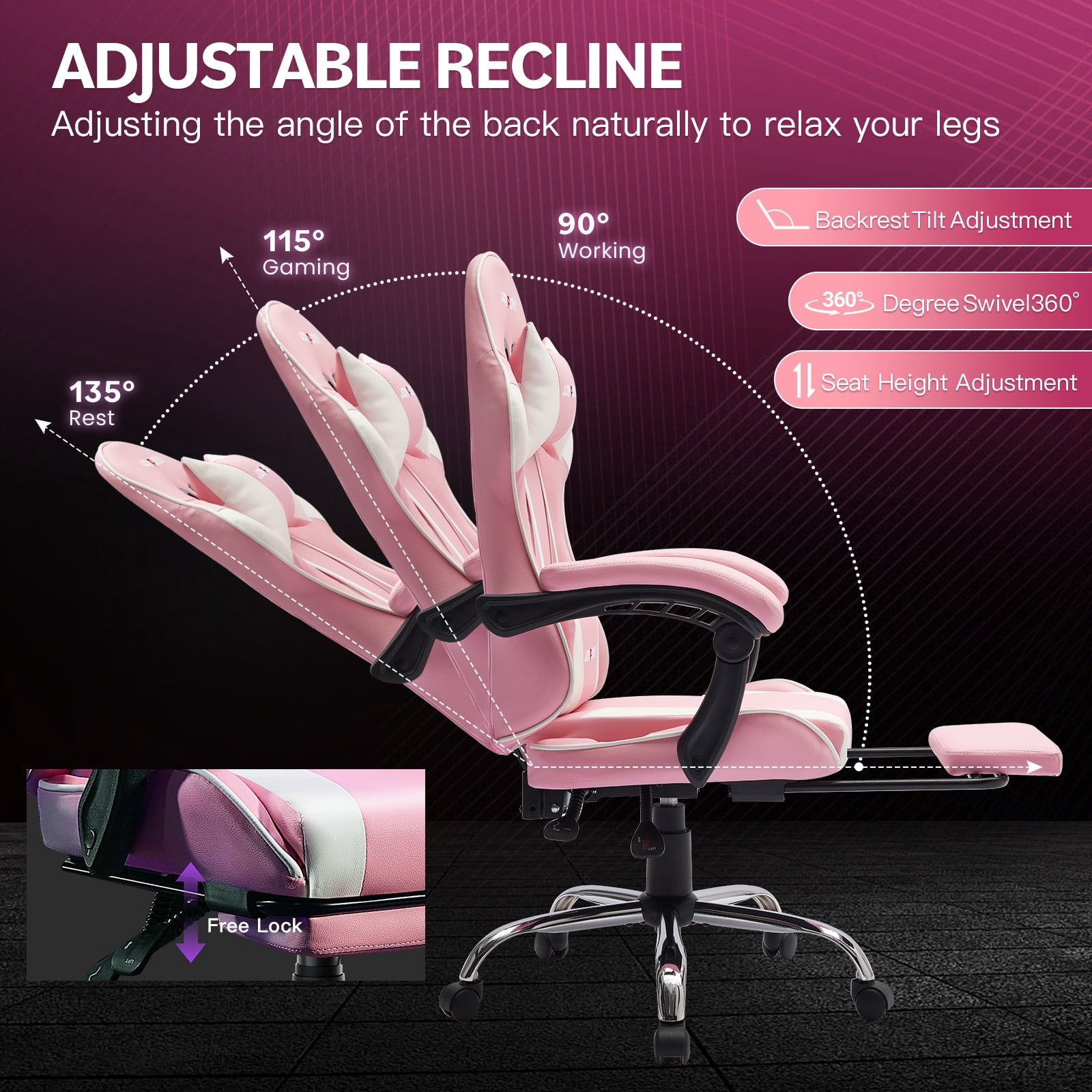 JONPONY Big and Tall Gaming Chair, Ergonomic Design, Gamer Chair PU Leather with Footrest and Lumbar Support, High Back Office Chair Support 8 Hours Long Sitting, Computer Chair,Pink White