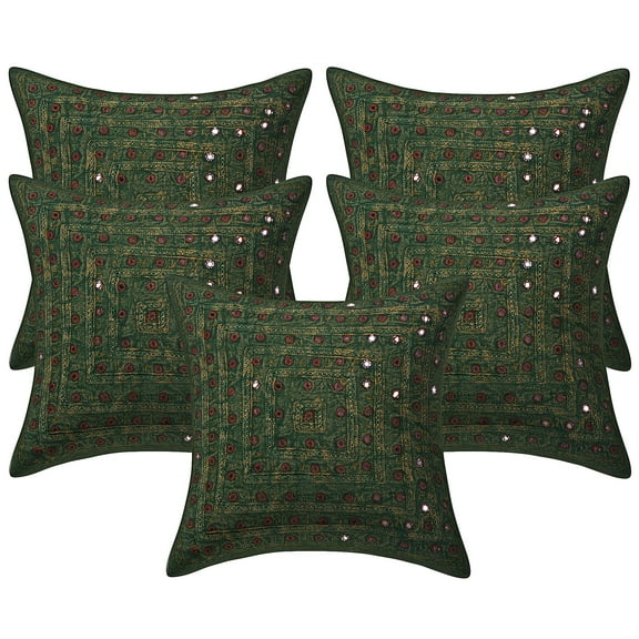 Stylo Culture Ethnic Chair Seat Throw Pillow Covers 16x16 Embroidered Mirror Lace Green Bohemian 40x40 cm Living Room Cotton Geometric Square Cushion Covers | Set Of 5