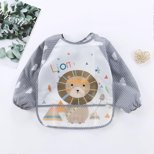 Baby Feeding Bib Waterproof Children Art Smock Toddler Long Sleeve Apron for Boys Girls Eating Painting Lion