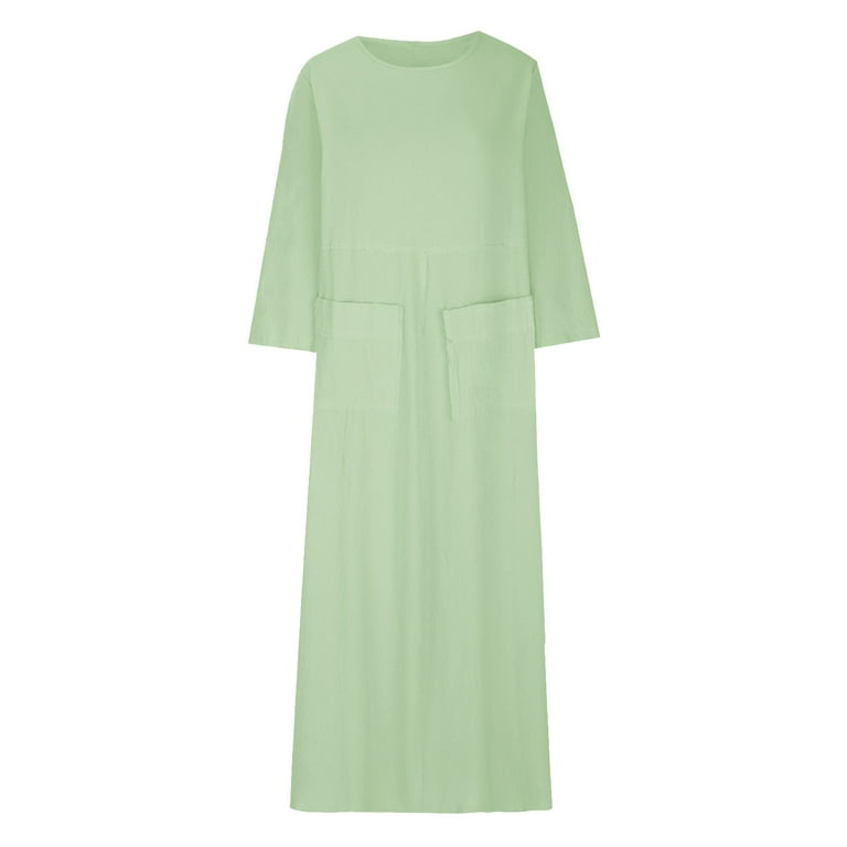 Jinhomg Women Casual Long Sleeve Maxi Dress Lightweight Cotton Linen Beach  Loose Fit Comfy Crewneck Midi Dress 2025 Spring Dresses with Pocket Women  Green L - Walmart.com