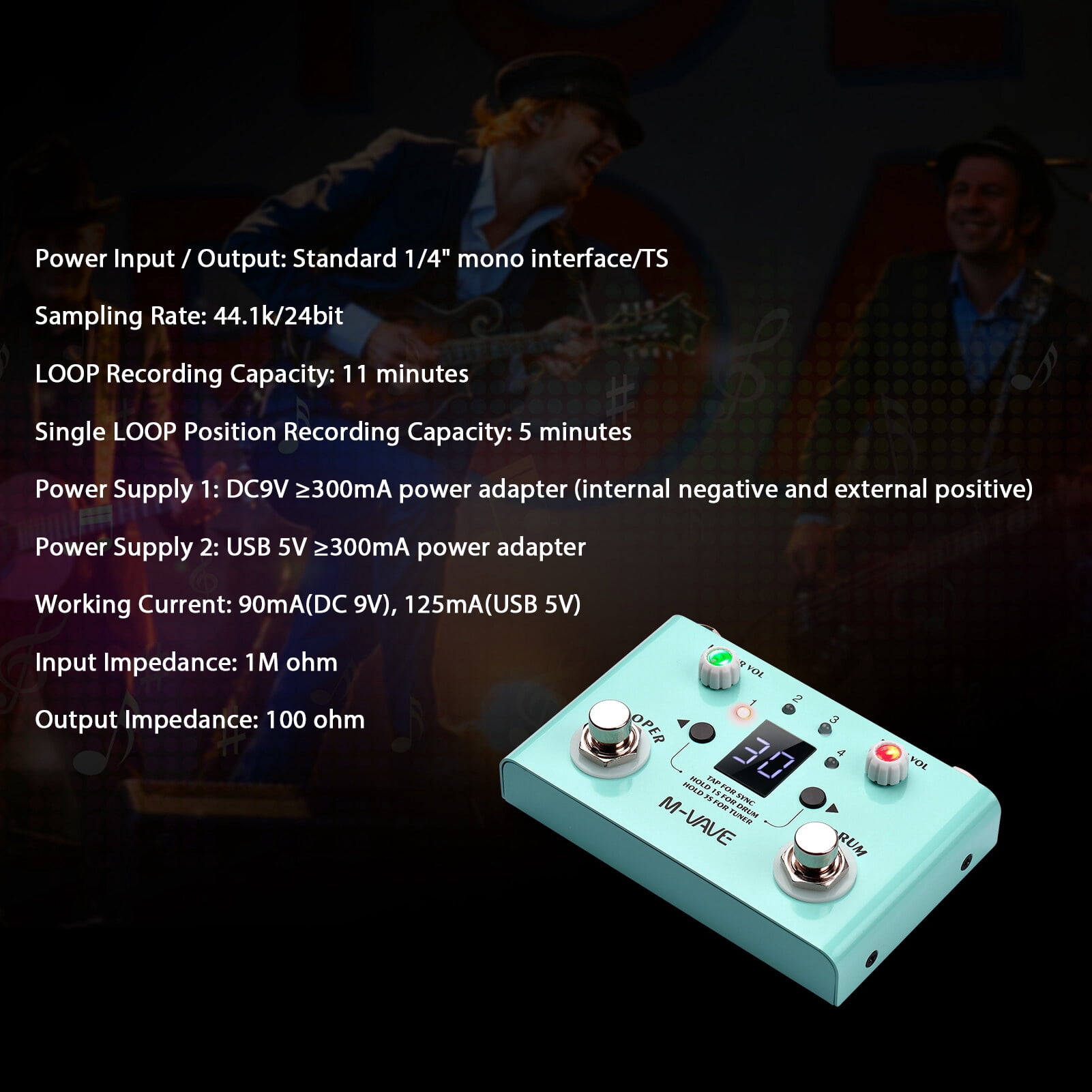 M-VAVE LOST TEMPO Effect Pedal Drum & Looper Effector Mini 2-in-1 Looper & Drum Machine Double Footswitch Looper Pedal Looper Guitar Pedal 30 Drums & 4 Loops High Precision Tuner