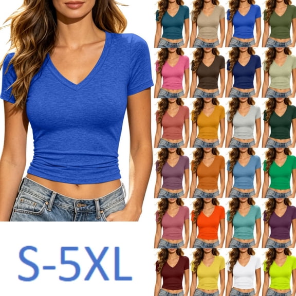 Short Sleeve V Neck Crop Top for Women Soft Workout Shirt Sexy Slim Fitted Casual Base Lightweight Tops