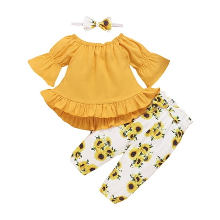 

Kucnuzki 3 Months Baby Girl Fall-Winter Outfits Pants Sets 6 Months Long Trumpet Sleeve Solid Color Tops Elastic Floral Prints Pants Headband 3PCS Set Yellow