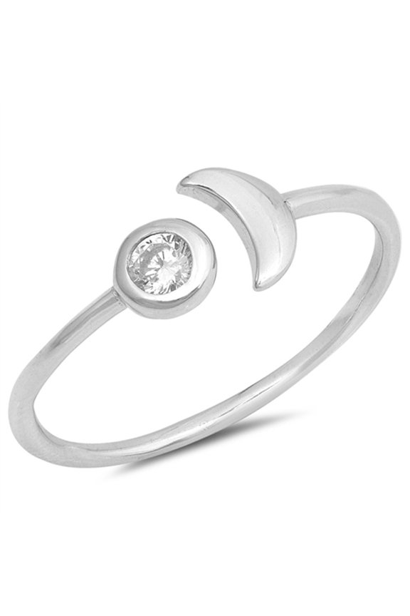 Open Crescent Moon Clear Cubic Zirconia Ring .925 Sterling Silver Band White Jewelry Female Size 7