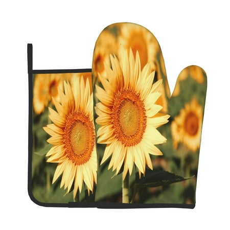 

Tebeau Golden Sunflower In Field Print Oven Mitts and Pan Racks 2-Piece Set Kitchen Oven Mitts and Pan Racks Heat Resistant 500 °F for Baking and Cooking