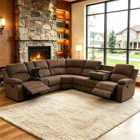 Aukfa 3-Piece Recliner Sofa Set, 6 Seat Sectional Couch with Cup Holders&Storage Console for Living Room, Brown