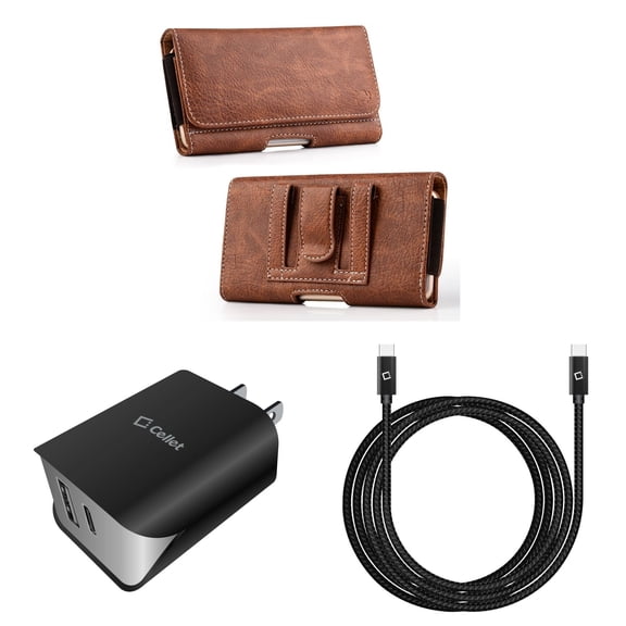 Holster and Wall Charger Bundle for Samsung Galaxy S22 Ultra: Coin Card Wallet Belt Pouch Case (Brown) and UL Certified 18W Dual USB Port (Type-C & USB-A) Power Adapter