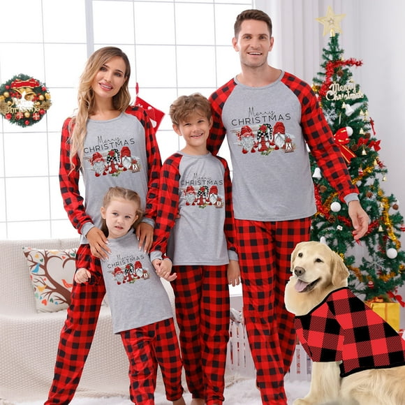 Pyjama de Noël Pisexur pour la Famille, Joyeux Noël Classique Plaid Noël Gnome Vêtements de Nuit pour les Ensembles de Pyjama de Noël de Famille, Tenue de Noël Parent-Enfant