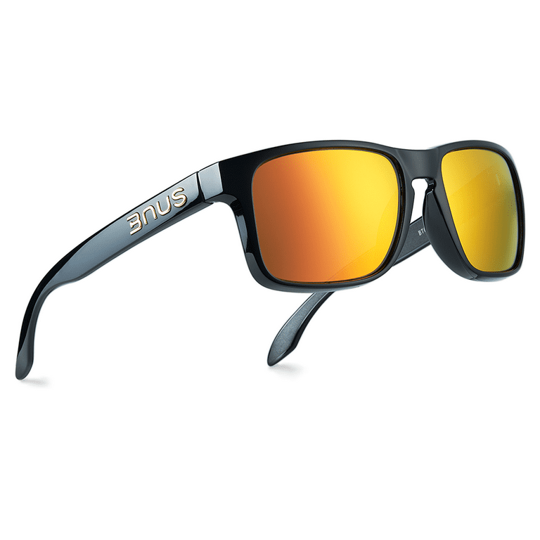 B.N.U.S Polarized Sunglasses for Women Men Corning Real Glass Lens with  Spring Hinges Shiny Black / Red Flash Lenses 