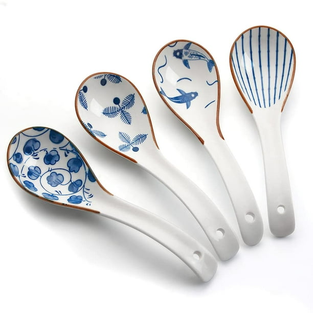 CHILDIKE Set di 6 cucchiai da minestra asiatici in ceramica bianca Pocelain cinese/giapponese, per cereali, ramen pho, 16 cm, design con gancio ovale profondo