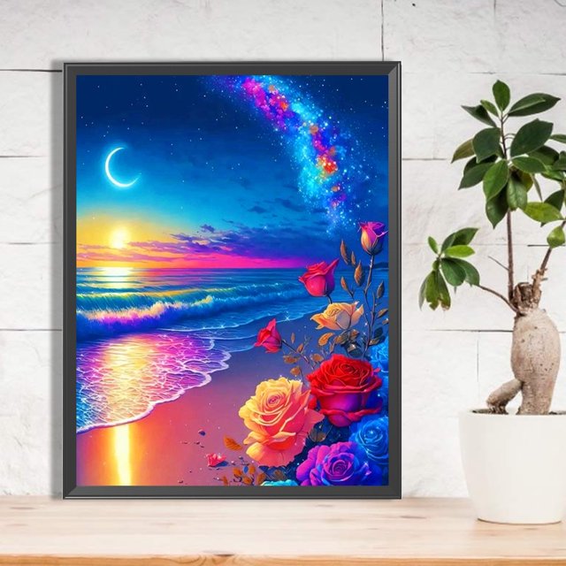 Cuadros Decorativos Pintura de diamante 5D DIY Full Round Drill Fantasy Beach Kit Decoración para el hogar DQrwqpou embutido en tela