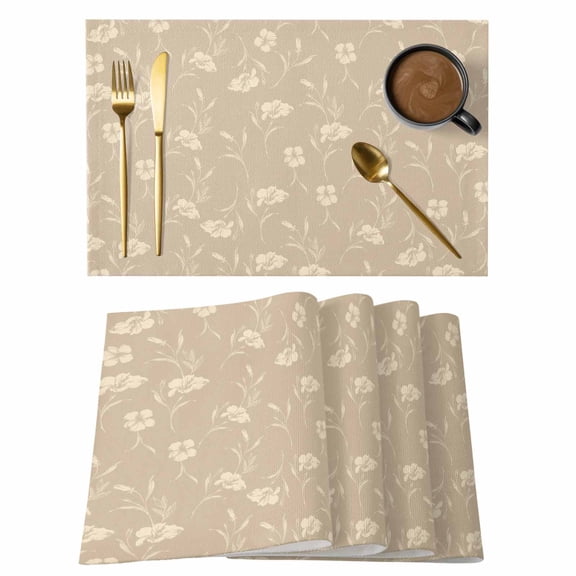 Beige Floral Placemats Set of 8, Vintage Spring Botanical Flowers Placemats for Dining Table, Place Mats for Kitchen Tabletop, Waterproof Wipeable Dining Table Mats Set