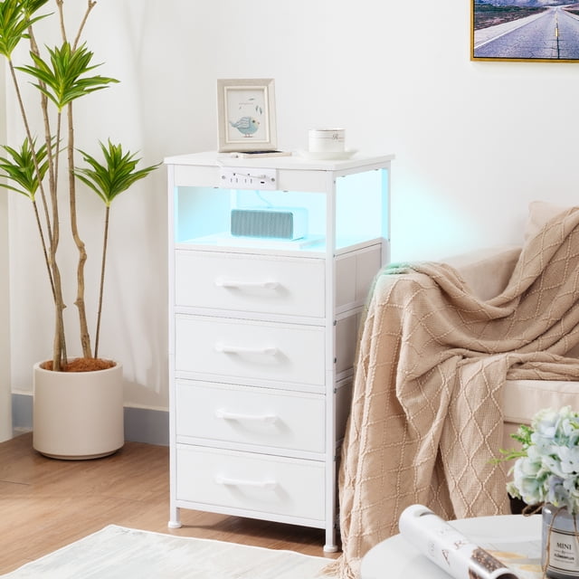 LOAKEKEL Tour de Rangement en Tissu, Petite Commode pour Chambre, Blanche, Commode 4 Tiroirs pour Adulte