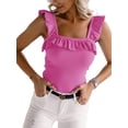 thumbnail image 4 of Sleeveless Solid Color Square Neck Ruffle Tank Tops Knitted Camisole, 4 of 6