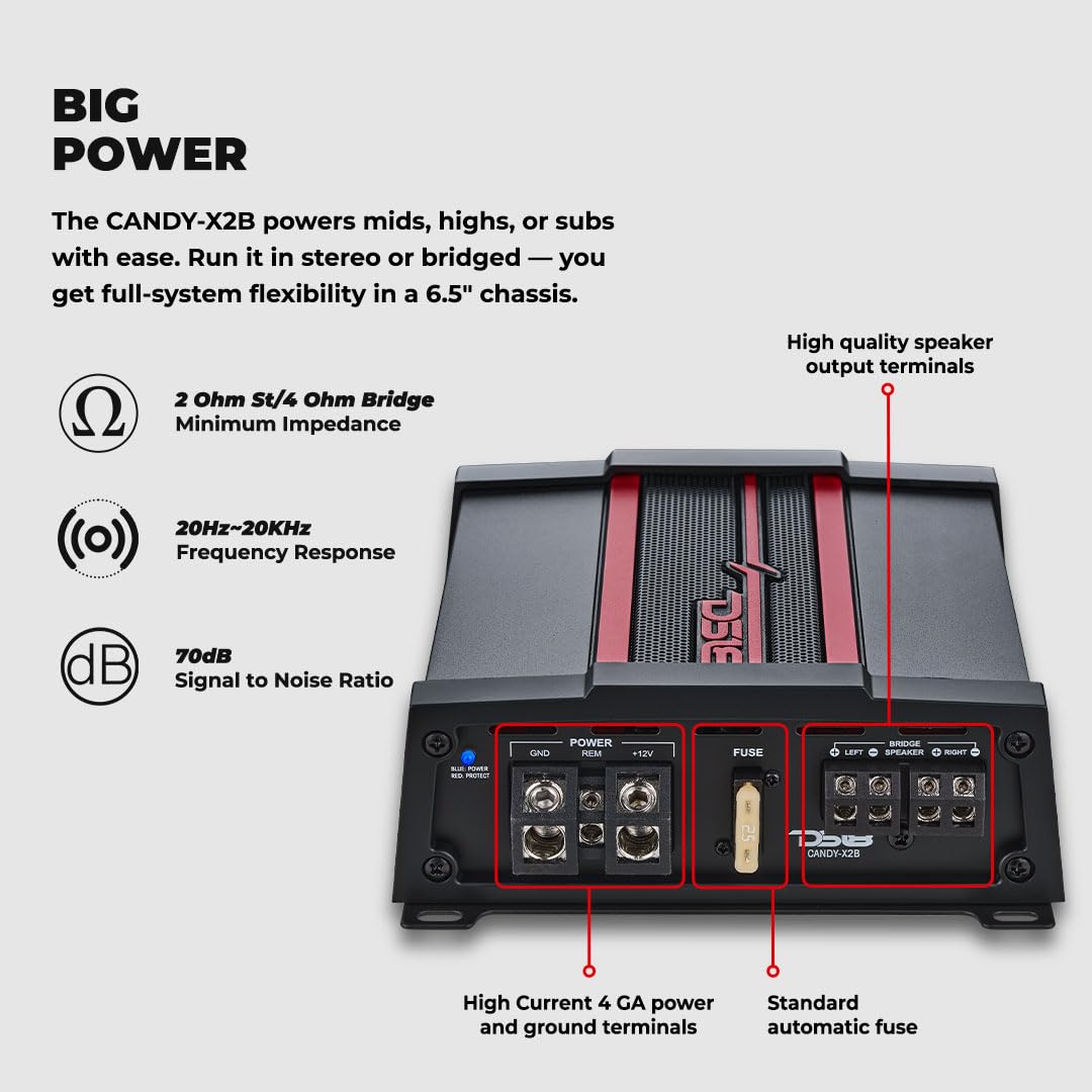 DS18 CANDY-X2B Full-Range Class D 2-Channel Car Amplifier 800 Watts, Built in Crossover, Bass Boost, Small and Compact Amp