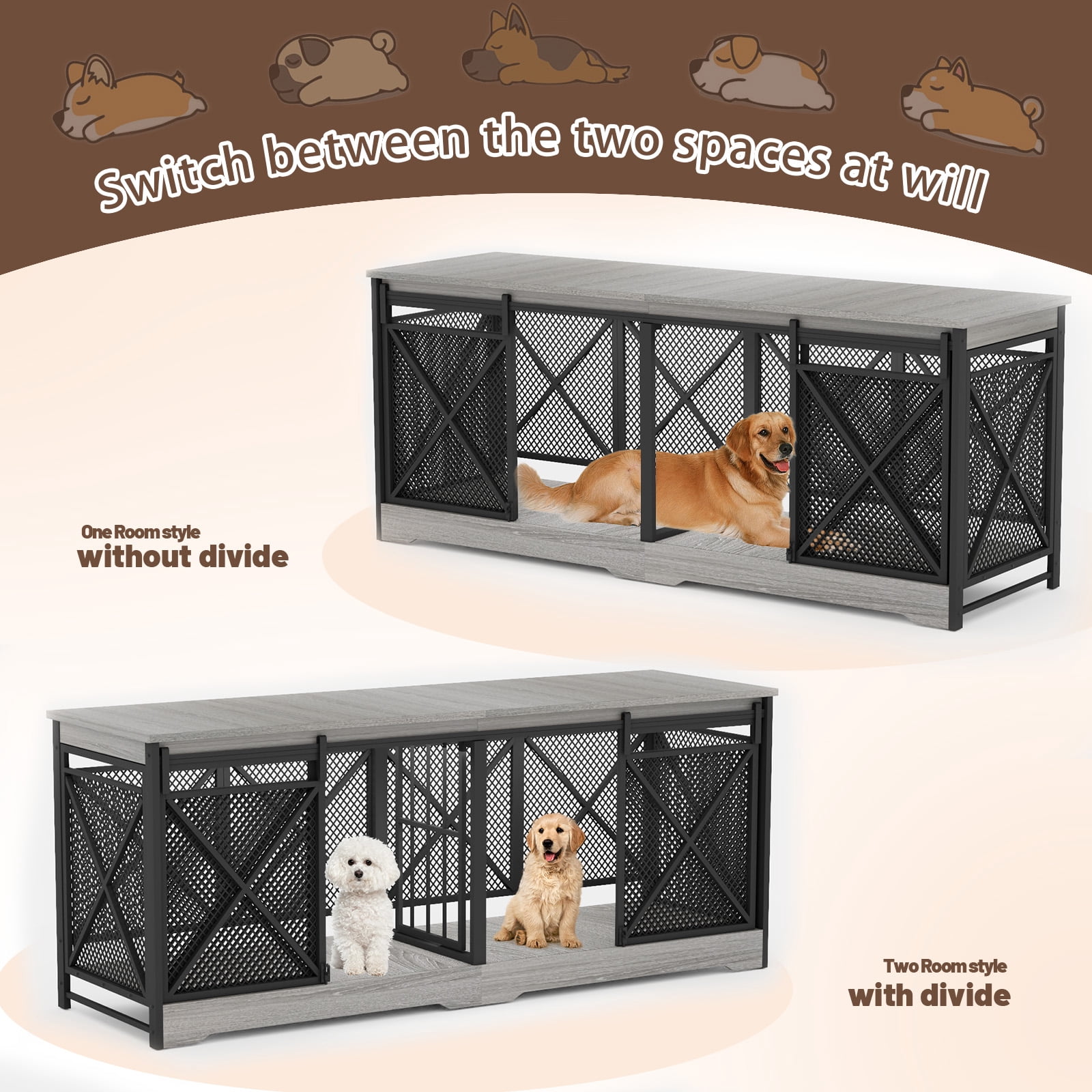 78 inch Double Dog Crate Furniture for 2 Dogs Lager Dog Wooden Crate Kennel table with Removable Divider Indoor Dog House for Small Medium Large Extra Large Size Grey