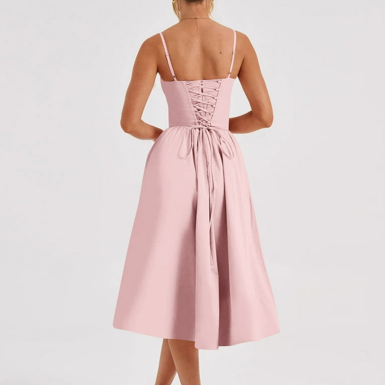 NXMZXB Corset Dress for Women Formal Spaghetti Strap Bustier Midi Dresses  Flowy Pleated Hem Low Cut Prom Sundress with Pockets Pink M - Walmart.com