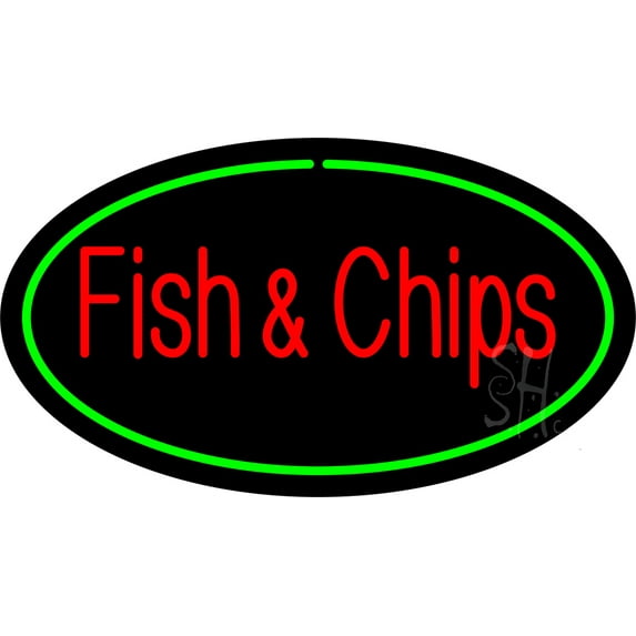 Oval Fish & Chips Green Border LED Neon Sign 20 x 37 - inches, Black Square Cut Acrylic Backing, with Dimmer - Bright and Premium built indoor LED Neon Sign for restaurant window and interior decor.