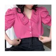 thumbnail image 3 of Blusa de gasa con manga corta abombada para mujer, cuello vuelto, botonadura única, cuello en V, jersey de Color puro, 3 of 8