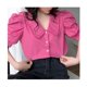thumbnail image 3 of Blusa de gasa con manga corta abombada para mujer, cuello vuelto, botonadura única, cuello en V, jersey de Color puro, 3 of 8