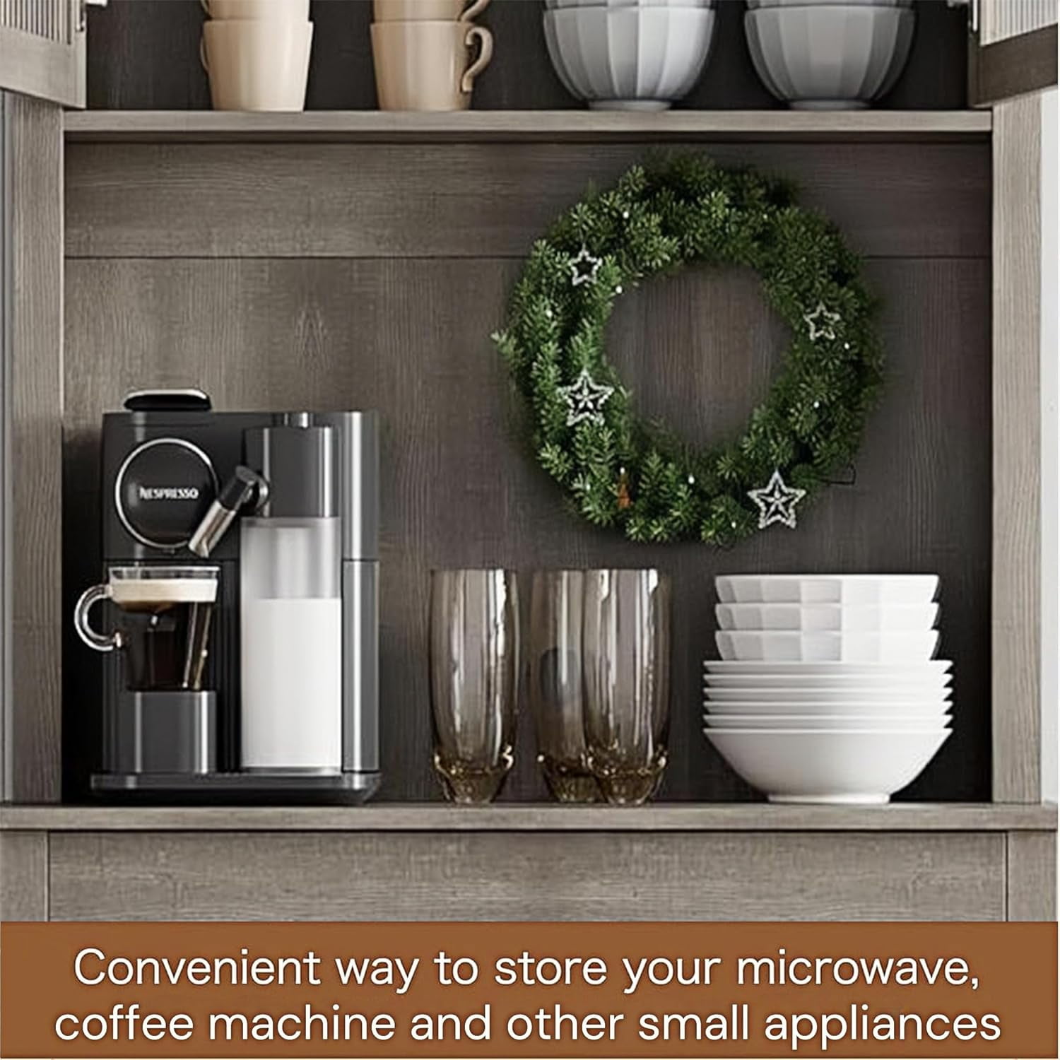 Garvee 71" Tall Kitchen Pantry Cabinet with Glass Doors, Microwave Stand, Adjustable Shelves, and Spacious Storage, Modern Freestanding Buffet Cabinet for Dining Room and Kitchen, Gray