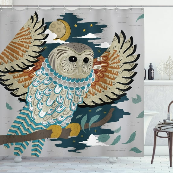Ambesonne Owl Print Shower Curtain, Bird Wings Moon Motifs, 69"Wx84"L, Grey Multicolor