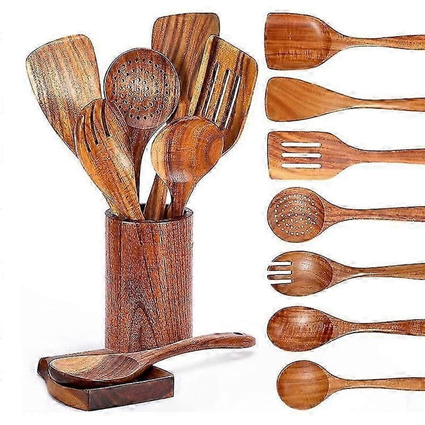 Teak Wooden Cooking Utensils Set 9-Piece with Utensil Holder, Heat-Resistant Spatulas & Spoon Rest for Kitchen