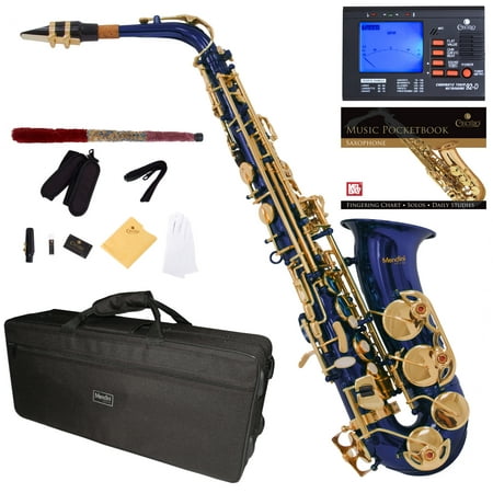 Mendini by Cecilio Eb Alto Sax w/Tuner, Case, Mouthpiece, 10 Reeds, Pocketbook and 1 Year Warranty, MAS-BL Blue Lacquer E Flat (Best Cheap Saxophone Brands)