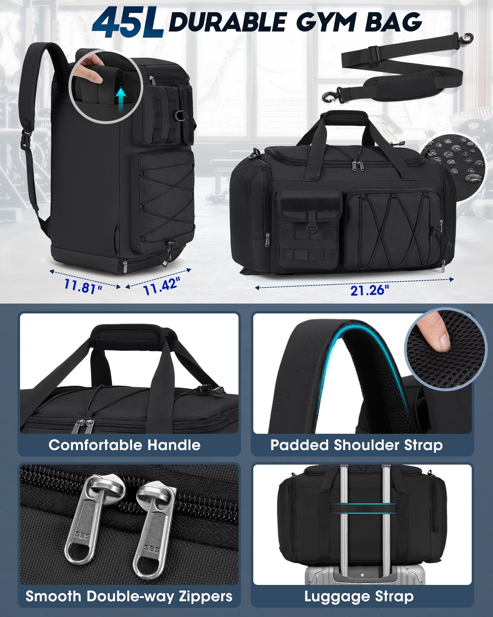 Gym Bag for Men 45L Sports Duffel Bags 3-in-1 Travel Duffel Bag with Shoe Compartment,Gym Workout Backpack Weekender Bag Overnight Bag for Travel, Black